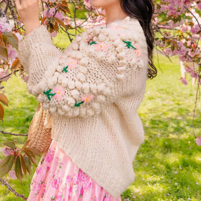 Oversized Long Sleeve Button Up Crochet Floral Cardigan - Apricot