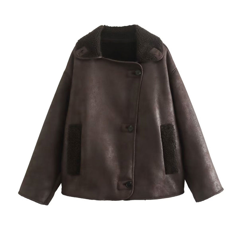 Oversized Notch Collar Button Up Long Sleeve Faux Suede Shearling Coat - Coffee
