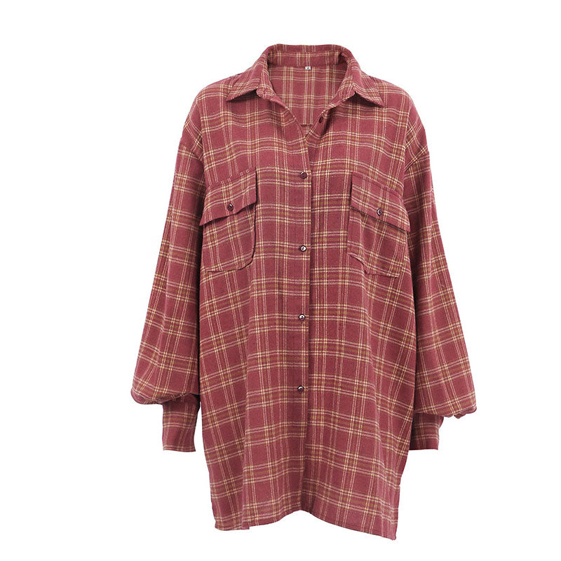 Oversized Plaid Print Button Up Bishop Sleeve Pointed Collar Shirt - Burgundy
