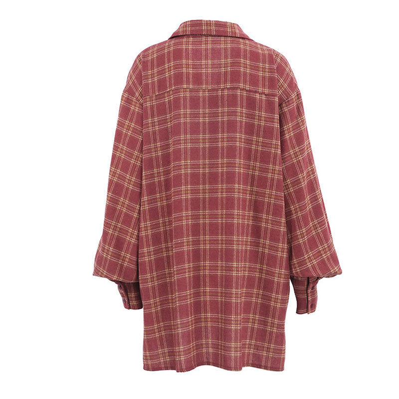 Oversized Plaid Print Button Up Bishop Sleeve Pointed Collar Shirt - Burgundy