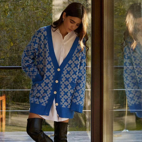 Oversized Plaid Print V Neck Button Up Long Sleeve Ribbed Cardigan - Blue