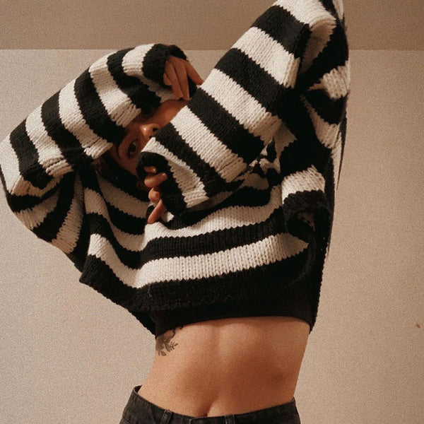 Oversized Pullover Long Sleeve Cropped Striped Sweater - Stripe