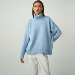 Oversized Rib Knit High Low Turtleneck Long Sleeve Sweater - Baby Blue