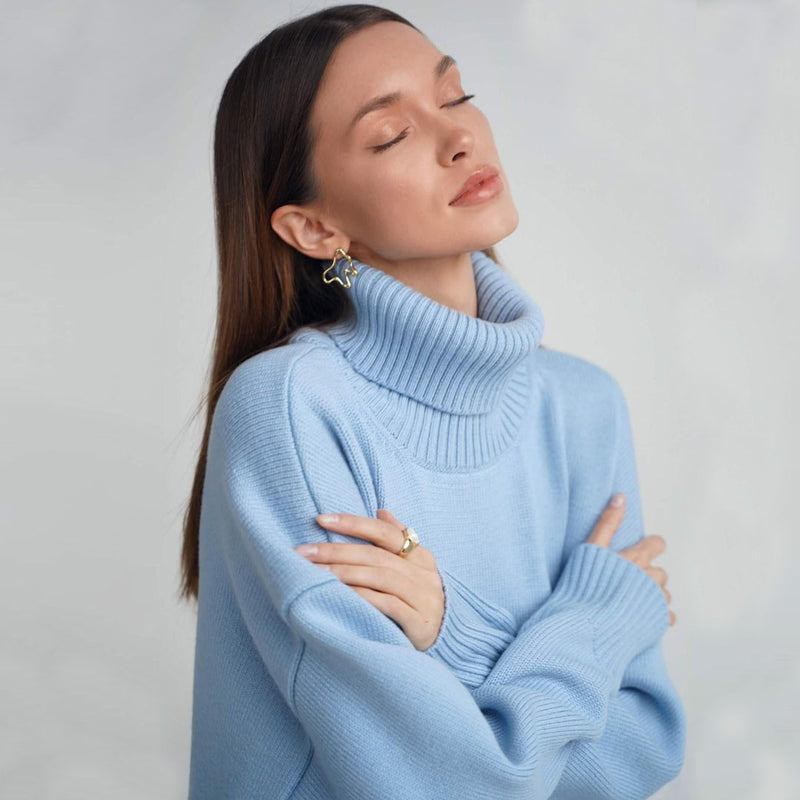 Oversized Rib Knit High Low Turtleneck Long Sleeve Sweater - Baby Blue