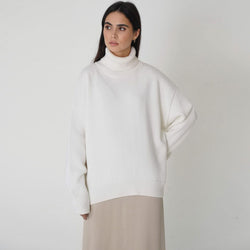 Oversized Rib Knit High Low Turtleneck Long Sleeve Sweater - White