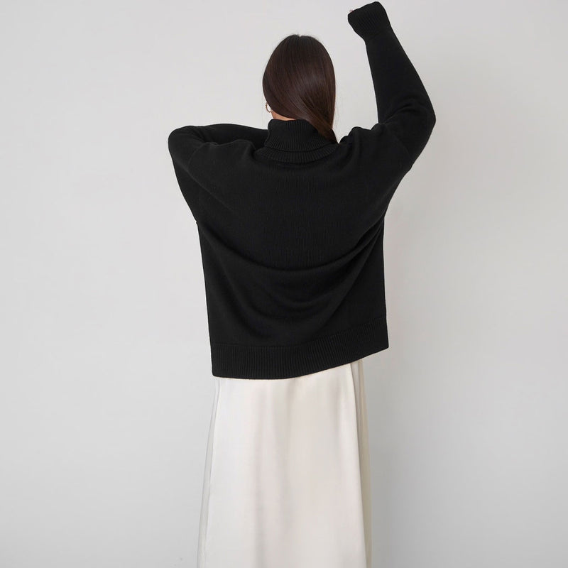 Oversized Rib Knit High Low Turtleneck Long Sleeve Sweater - Black