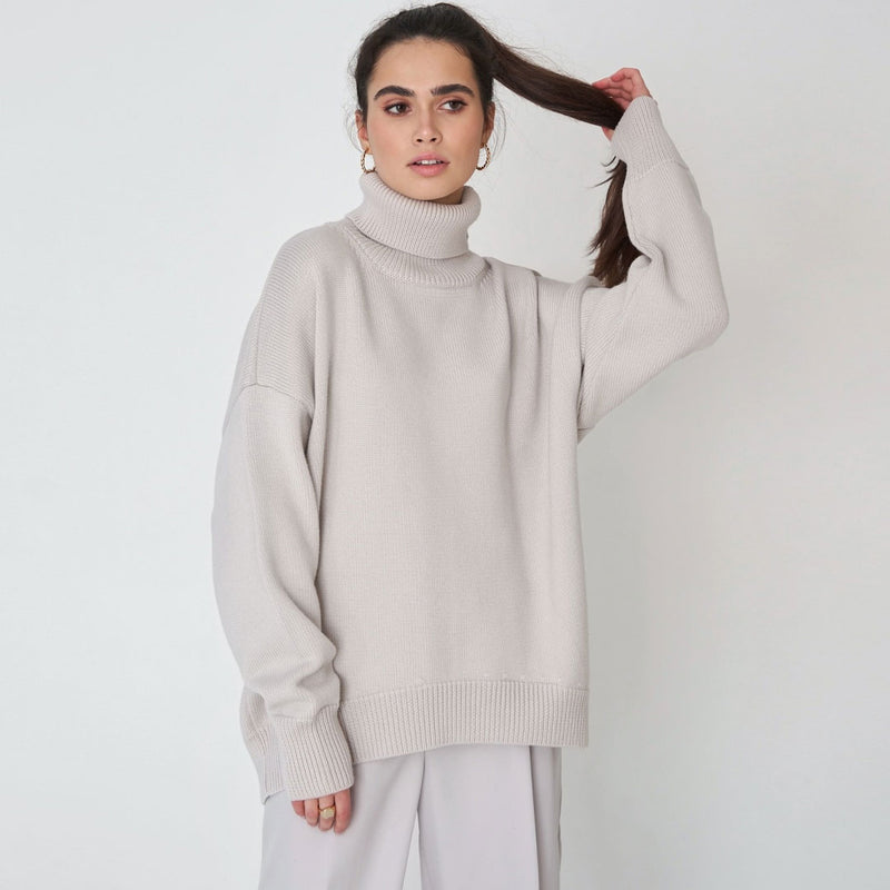 Oversized Rib Knit High Low Turtleneck Long Sleeve Sweater - Gray