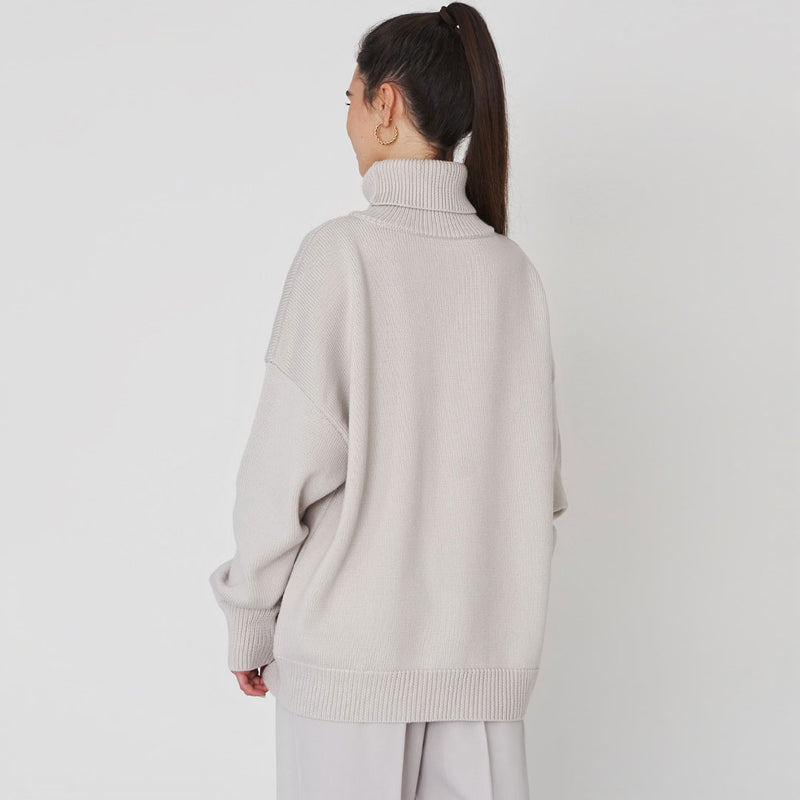 Oversized Rib Knit High Low Turtleneck Long Sleeve Sweater - Gray