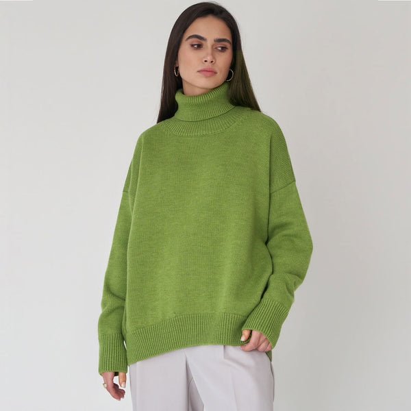 Oversized Rib Knit High Low Turtleneck Long Sleeve Sweater - Olive