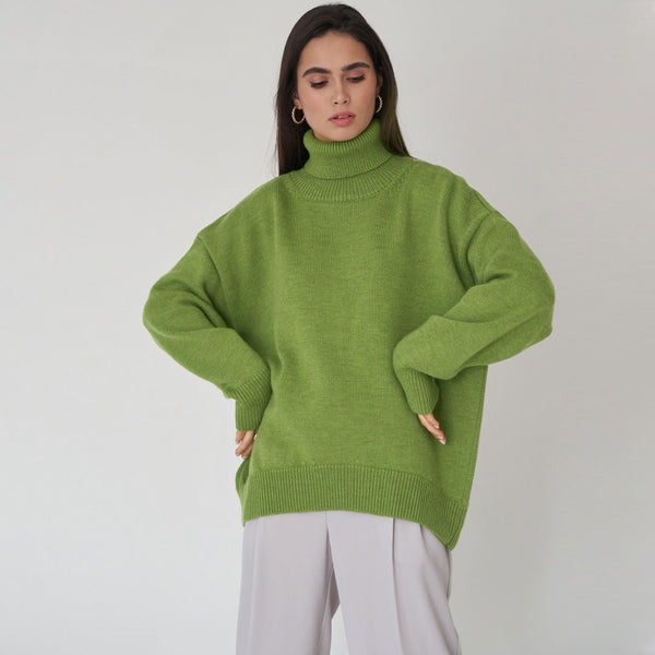 Oversized Rib Knit High Low Turtleneck Long Sleeve Sweater - Olive