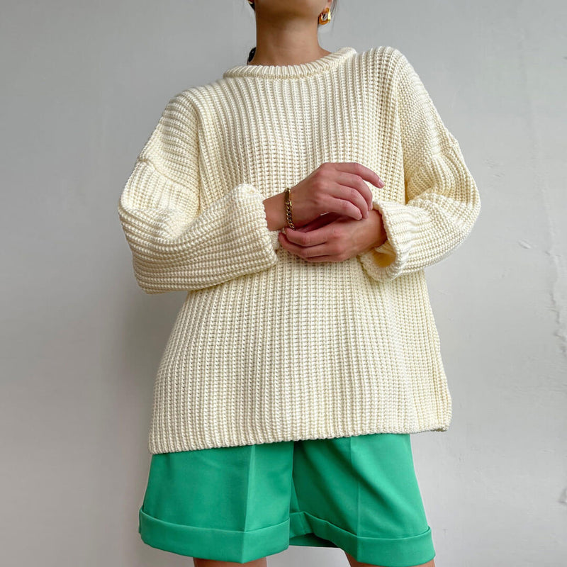 Oversized Ribbed Candy Color Crewneck Pullover Sweater - Beige