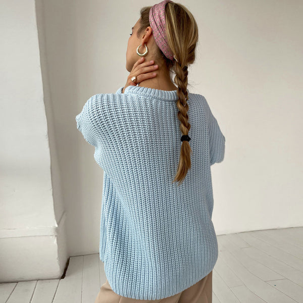 Oversized Ribbed Candy Color Crewneck Pullover Sweater - Light Blue