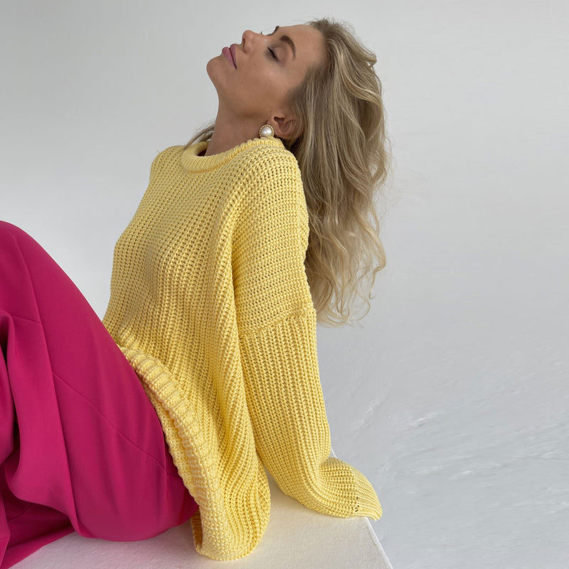 Oversized Ribbed Candy Color Crewneck Pullover Sweater - Yellow
