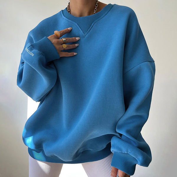 Oversized Ribbed Lettering Trim Drop Shoulder Long Sleeve Sweatshirt - Royal Blue