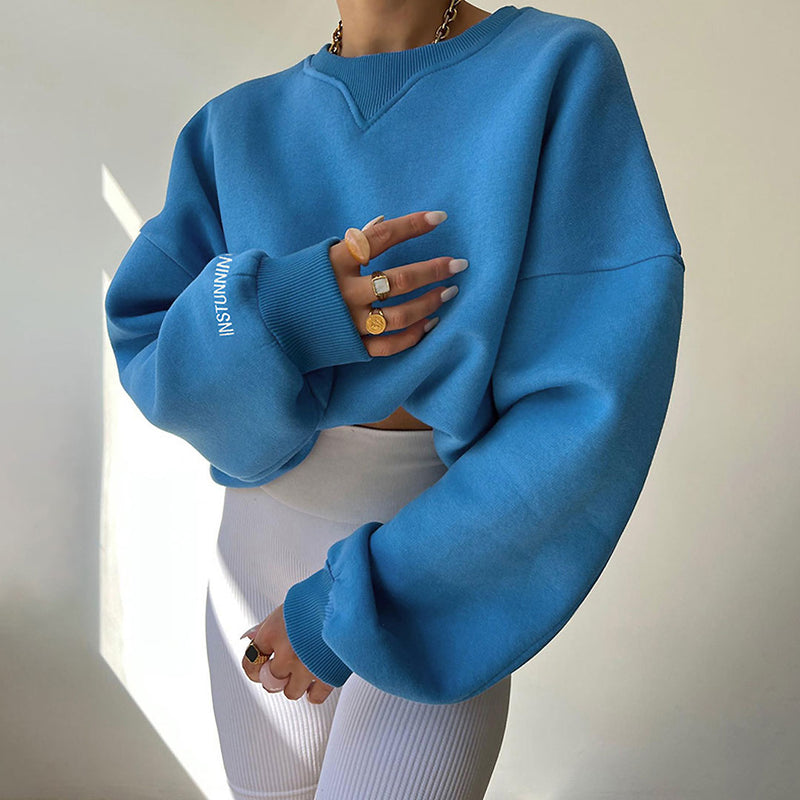 Oversized Ribbed Lettering Trim Drop Shoulder Long Sleeve Sweatshirt - Royal Blue