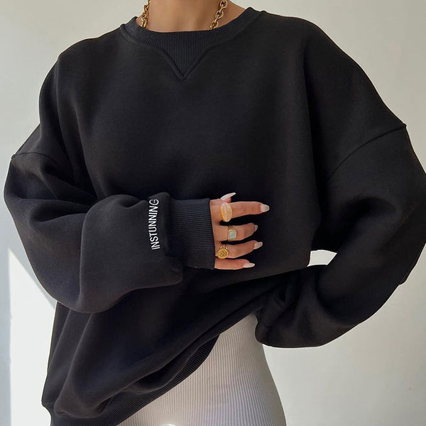 Oversized Ribbed Lettering Trim Drop Shoulder Long Sleeve Sweatshirt - Black