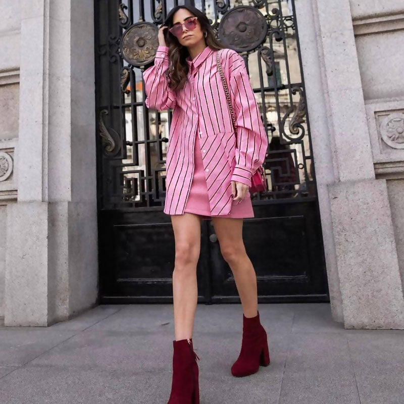 Oversized Stripe Print Button Down Long Sleeve Pointed Collar Shirt - Pink