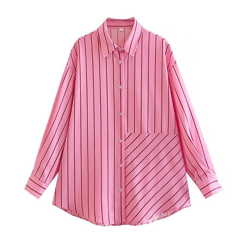 Oversized Stripe Print Button Down Long Sleeve Pointed Collar Shirt - Pink