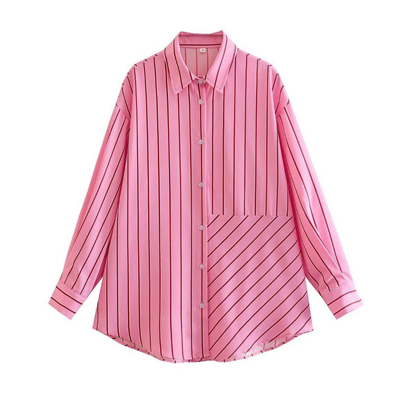 Oversized Stripe Print Button Down Long Sleeve Pointed Collar