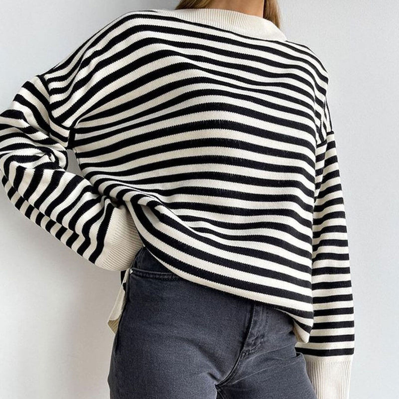 Oversized Striped Crew Neck Drop Shoulder Long Sleeve Sweater - Stripe