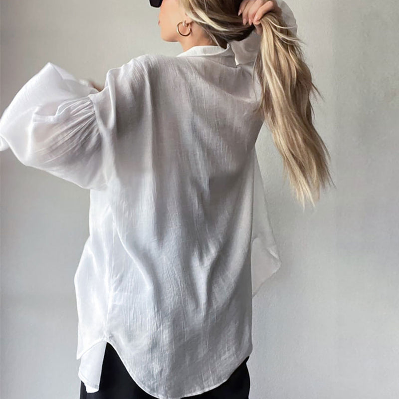 Oversized Textured Drop Shoulder Bishop Sleeve Button Up Collared Shirt - White