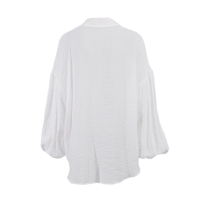 Oversized Textured Drop Shoulder Bishop Sleeve Button Up Collared Shirt - White