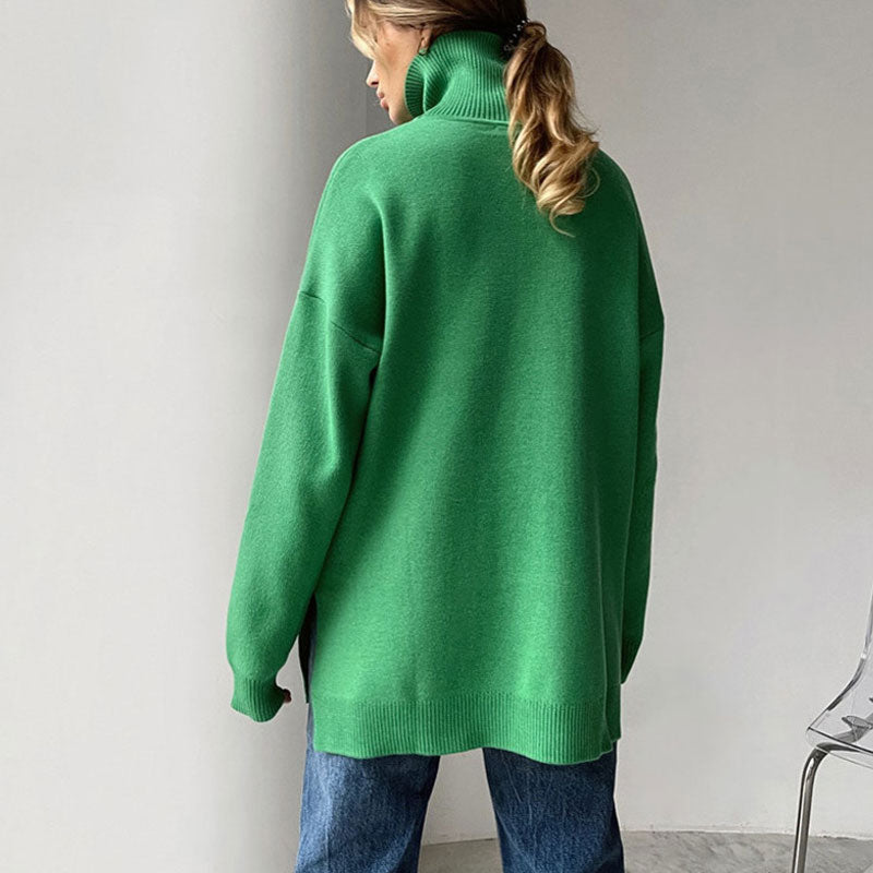 Oversized Turtleneck Long Sleeve Slit Trim Pullover Sweater - Green