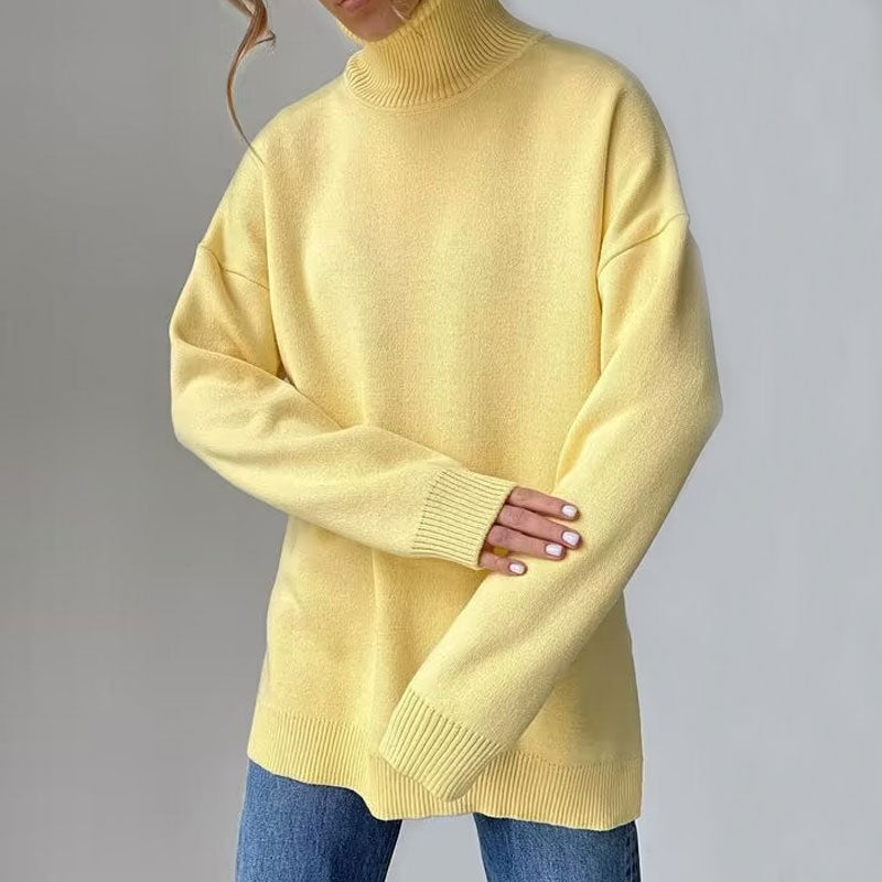 Oversized Turtleneck Long Sleeve Slit Trim Pullover Sweater - Yellow