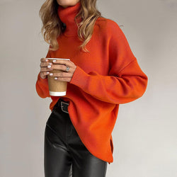 Oversized Turtleneck Long Sleeve Slit Trim Pullover Sweater - Burnt Orange