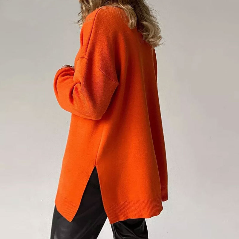 Oversized Turtleneck Long Sleeve Slit Trim Pullover Sweater Burnt Or Trendy Unique