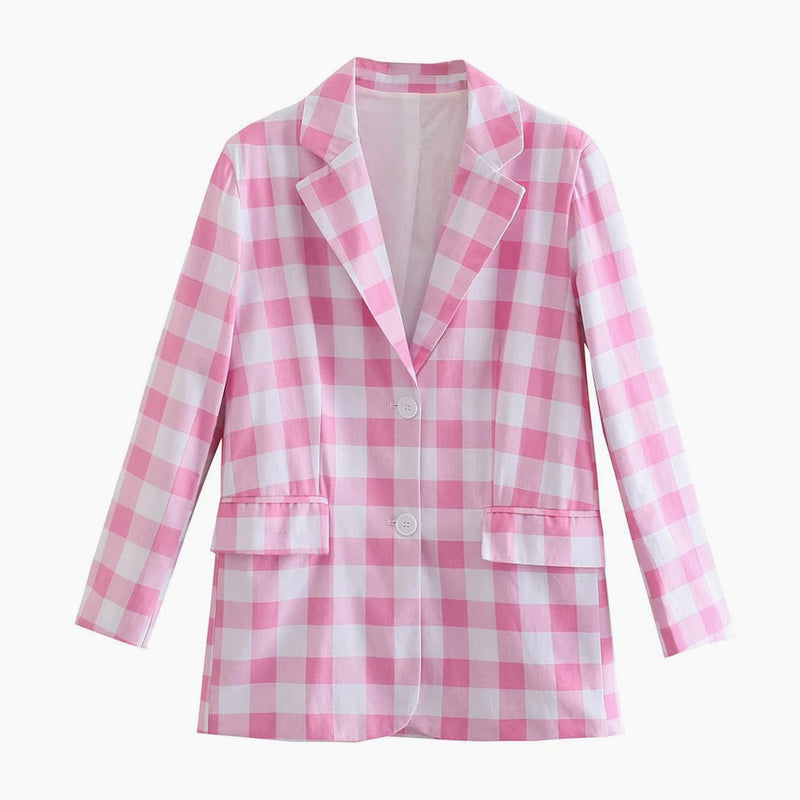 Sweet Plaid Print Long Sleeve Blazer and Pleated Mini Skirt Matching Set - Pink