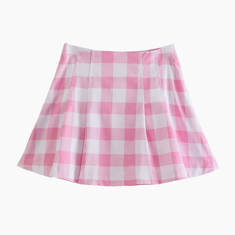 Sweet Plaid Print Long Sleeve Blazer and Pleated Mini Skirt Matching Set - Pink