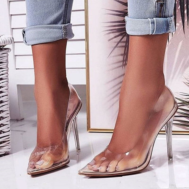 Powerful Transparent Pointed Toe High Heel Suede Trim Pumps - Apricot