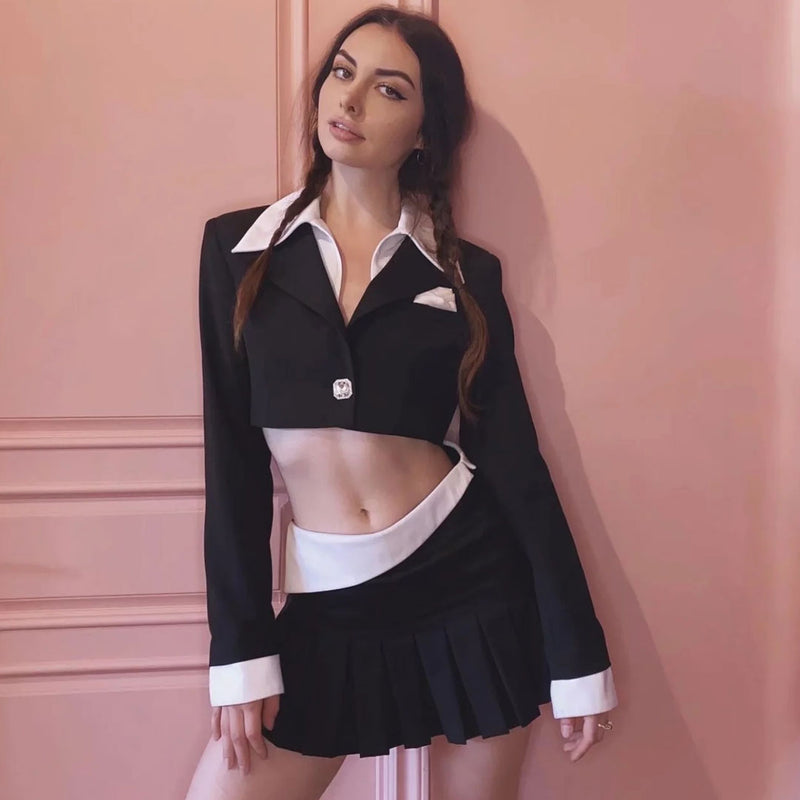 Preppy Contrast Collared Crop Blazer Pleated Mini Skirt Matching Set - Black