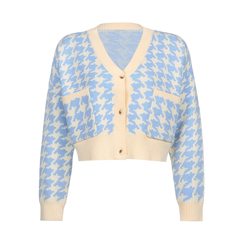 Preppy Houndstooth V Neck Long Sleeve Button Up Cardigan - Blue