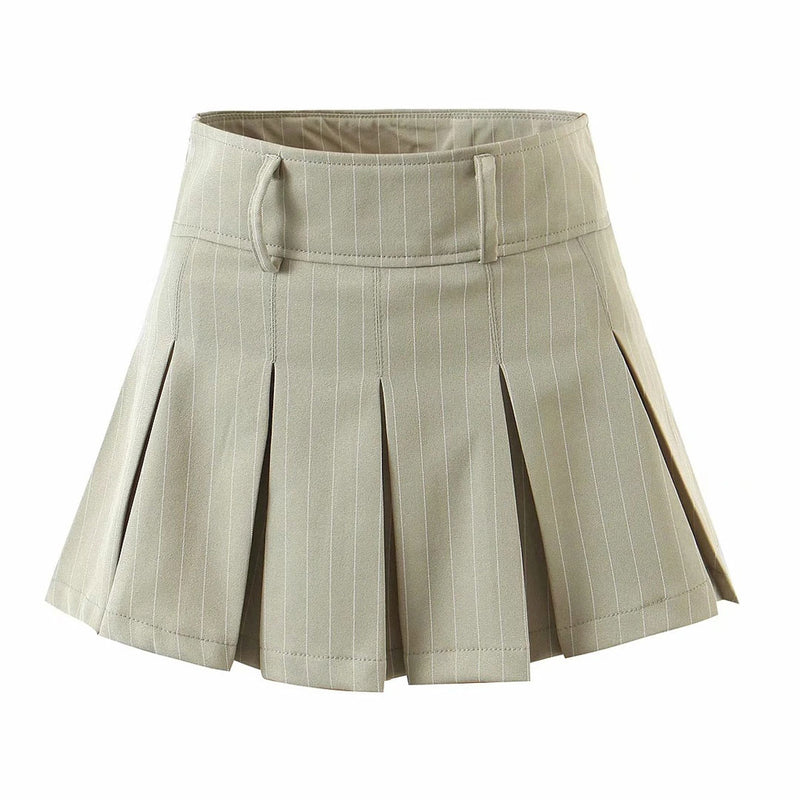 Preppy Style Stripe Print High Waist Pleated Mini Skirt - Khaki