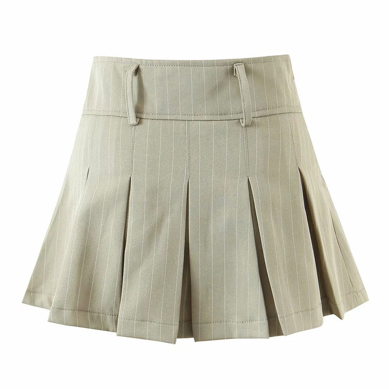 Preppy Style Stripe Print High Waist Pleated Mini Skirt - Khaki