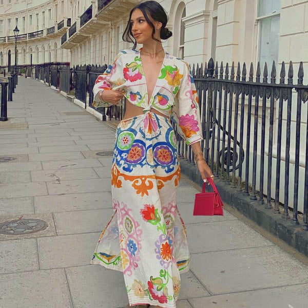 Pretty Floral Printed Deep V High Slit Cut Out Midi Dress - White