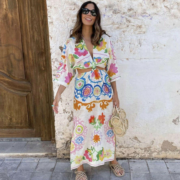 Pretty Floral Printed Deep V High Slit Cut Out Midi Dress - White