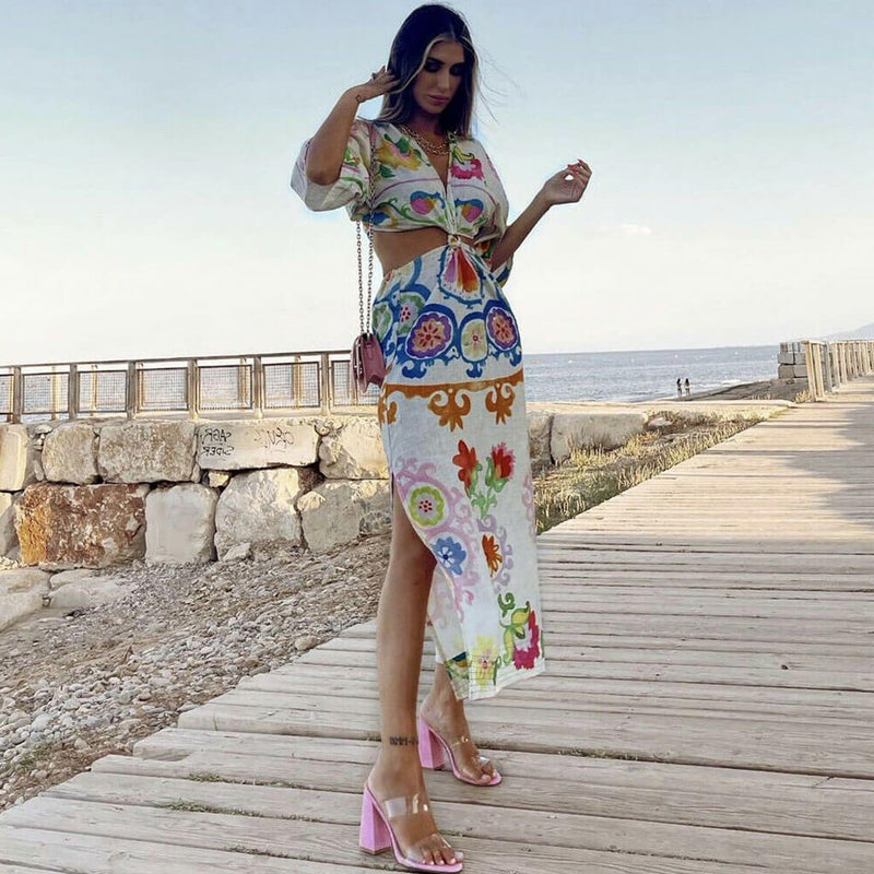 Pretty Floral Printed Deep V High Slit Cut Out Midi Dress - White