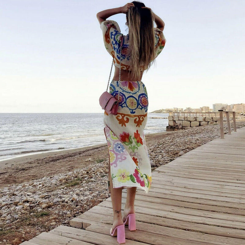Pretty Floral Printed Deep V High Slit Cut Out Midi Dress - White