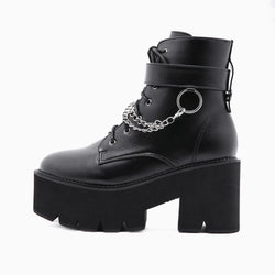 Punk Chain-Link Strap Lace Up Chunky Heel Platform Boots - Black