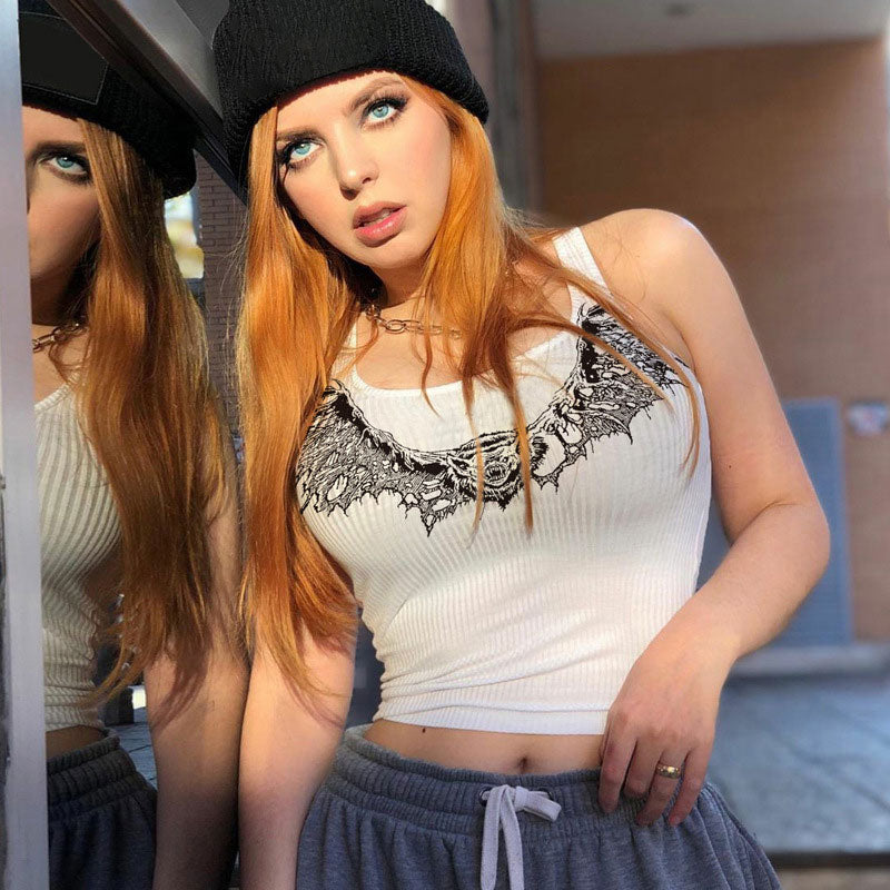 Punk Style Ribbed Animal Print Scoop Neck Cropped Tank Top - White
