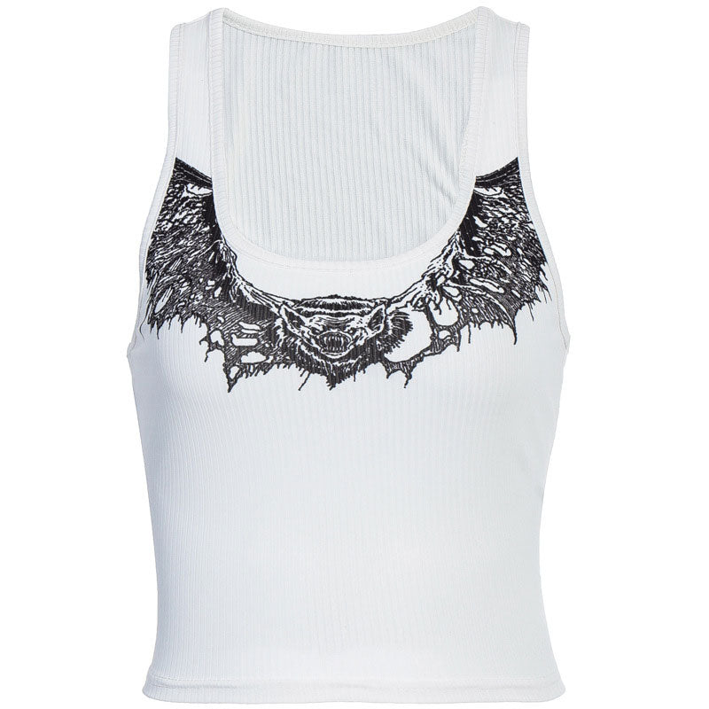 Punk Style Ribbed Animal Print Scoop Neck Cropped Tank Top - White