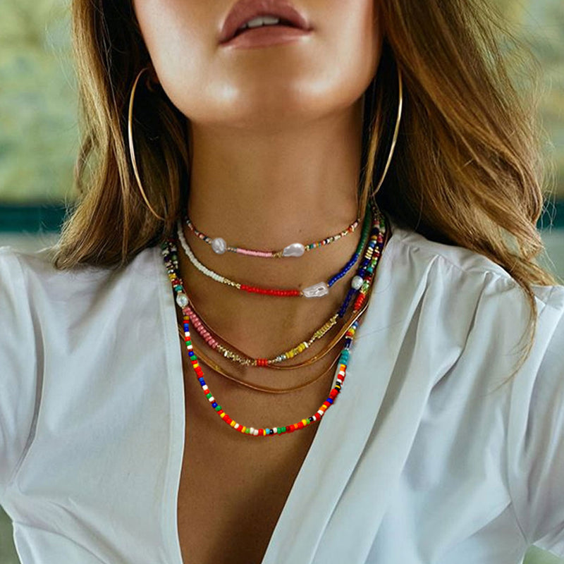 Resort Style Baroque Pearl Mixed Beaded Choker Necklace - Pink
