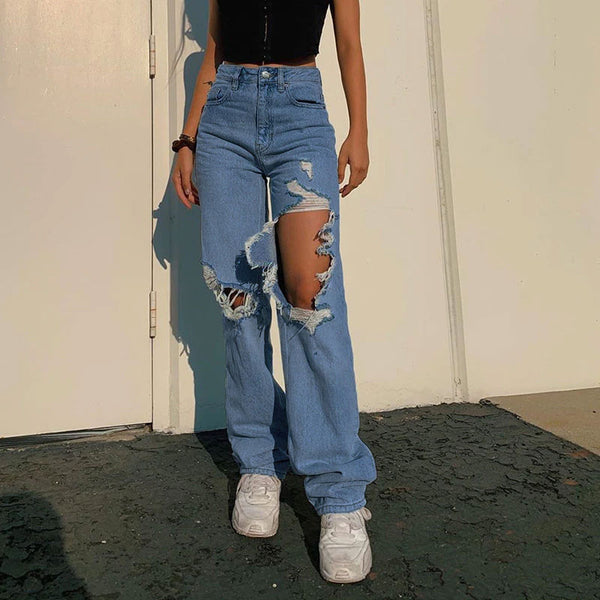Retro '90s Distressed Cutout High Waist Wide Leg Jeans - Blue