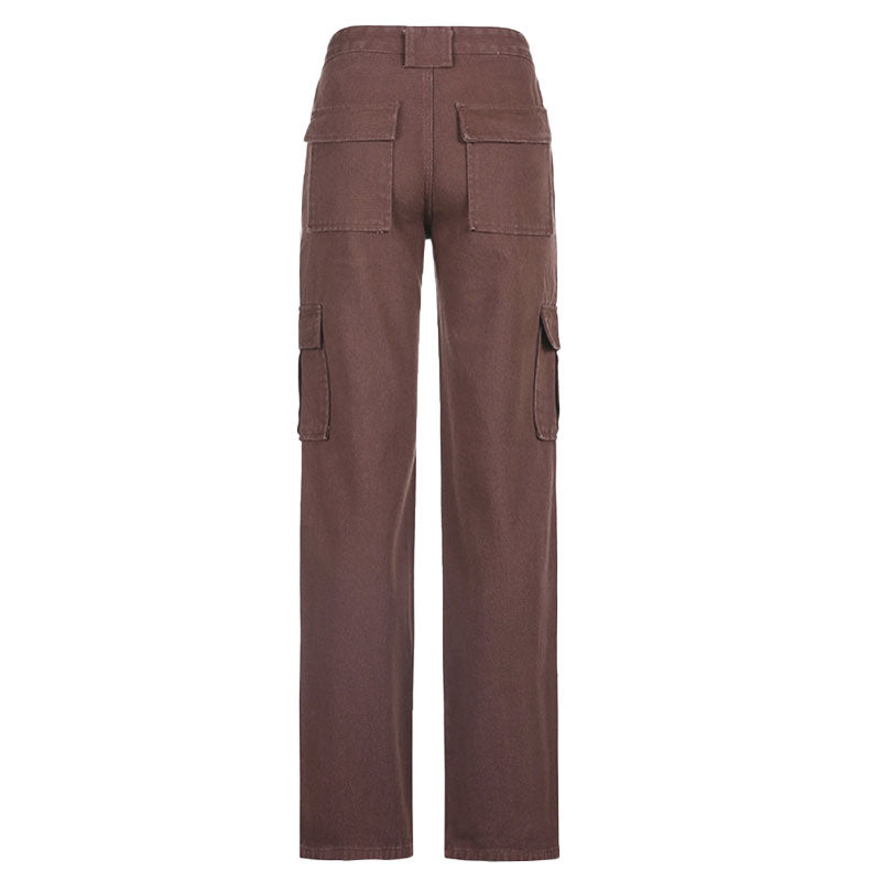 Retro '90s Flap Pocket Mid Waist Straight Leg Jeans - Coffee