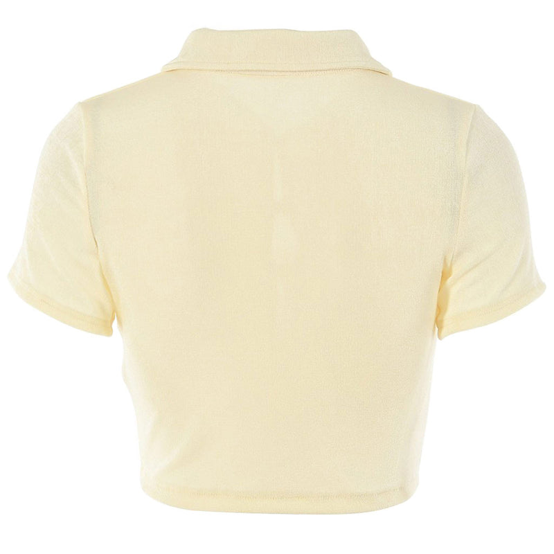 Retro Style Collared Short Sleeve Button Up Crop Top - Beige