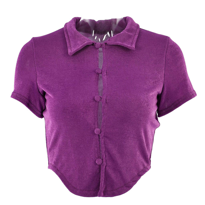 Retro Style Collared Short Sleeve Button Up Crop Top - Purple