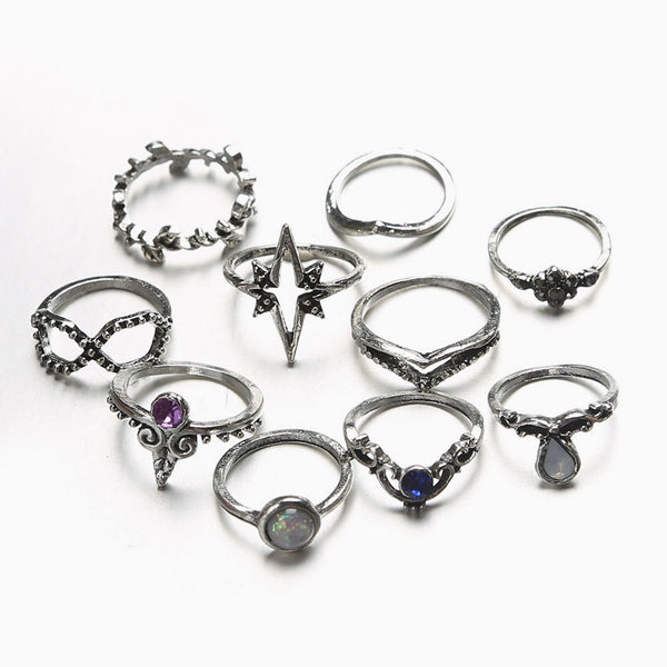 The Boho Weekend Multi Mix Rhinestone Embellished Ring Set - Silver